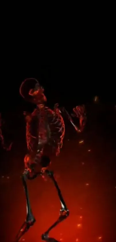 Eerie skeleton glows in red against a dark background.