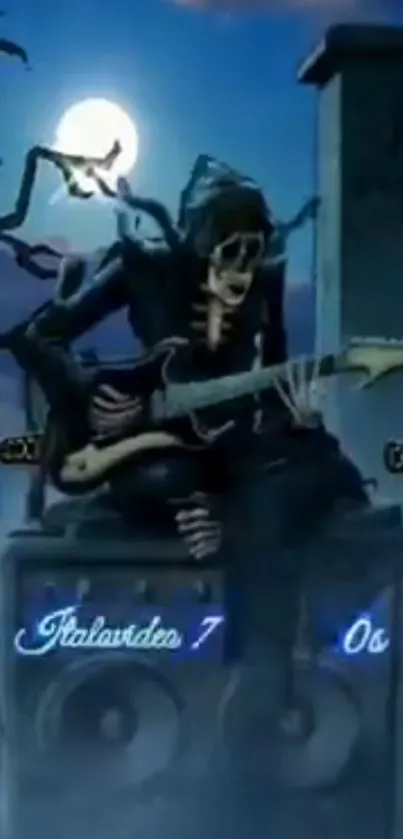 Skeleton guitarist at night with dark blue sky.