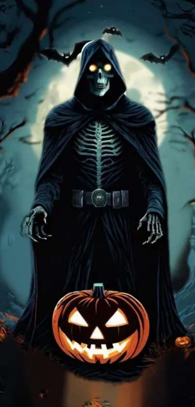 Hooded skeleton with pumpkin in dark forest.