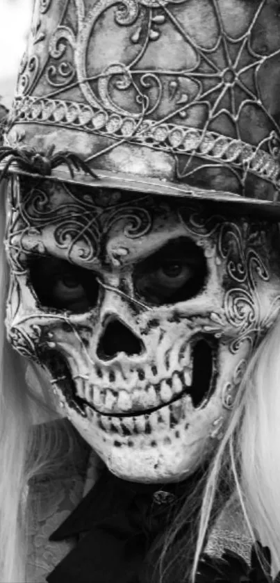 Intricate skeleton mask with top hat, perfect for spooky themes.