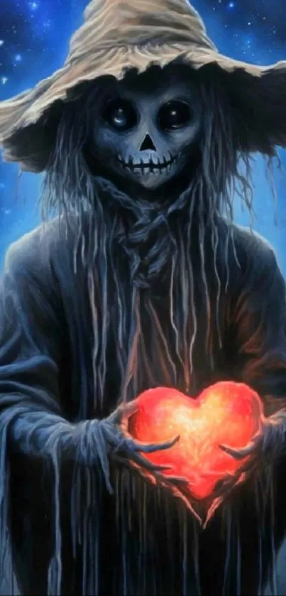 Skeleton with glowing red heart on a starry background.