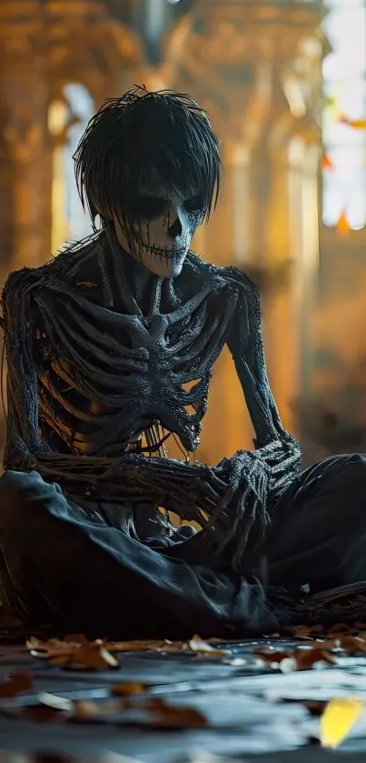 A gothic skeleton sitting in an atmospheric setting with fall leaves.