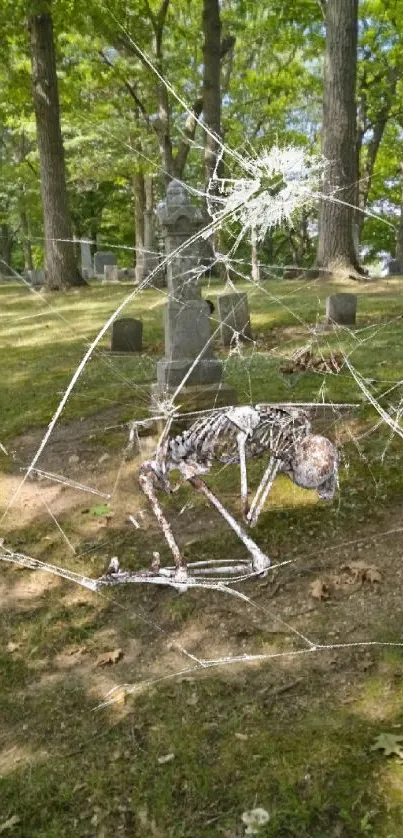 Crouching skeleton in a green forest cemetery.