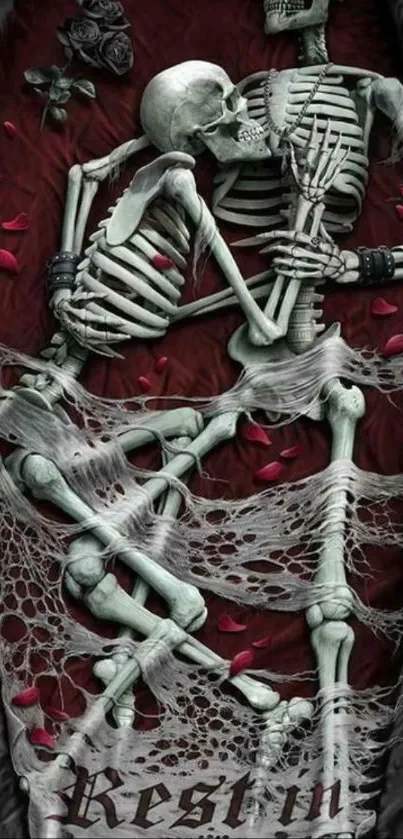 Romantic skeletons entwined in dark roses and cobwebs.