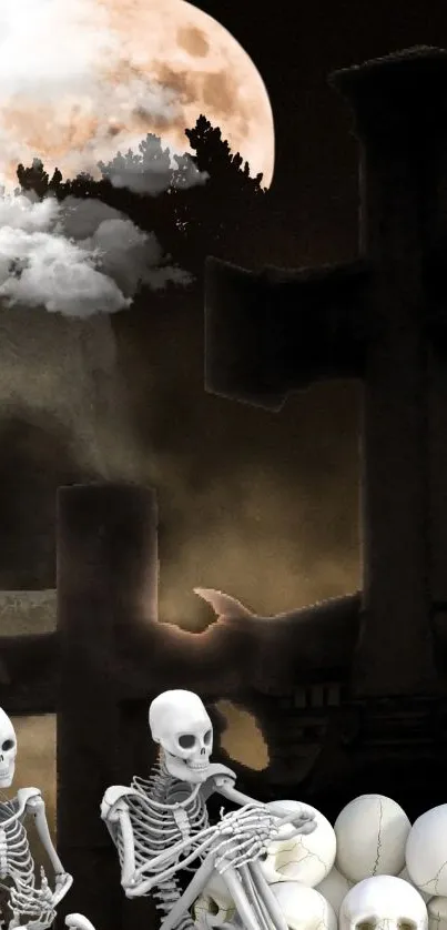 Eerie moonlit scene with skeletons and crosses on a dark mobile wallpaper.