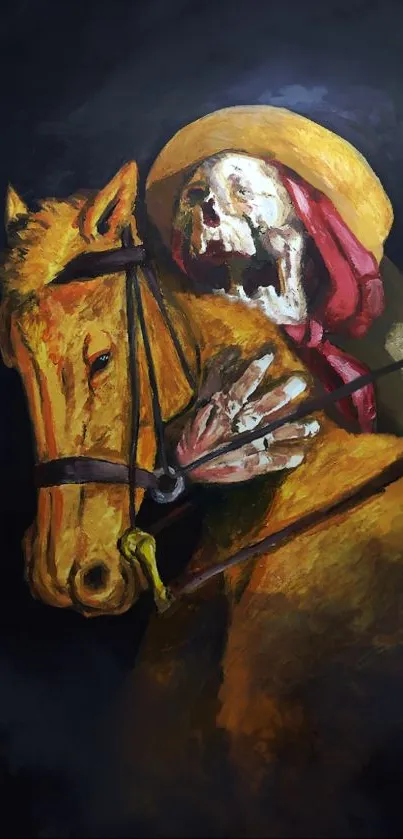 Skeleton rider on horse painting with dark and eerie colors.