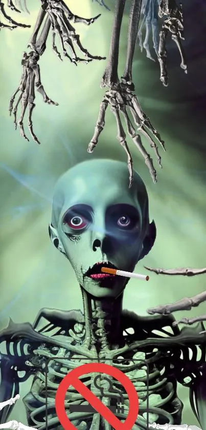 Eerie skeleton with smoke in digital wallpaper design