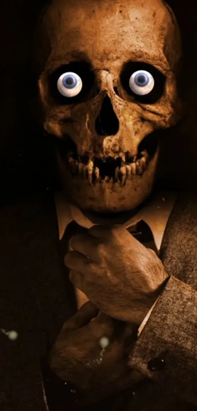 Skeleton in suit with eerie blue eyes on dark background wallpaper.