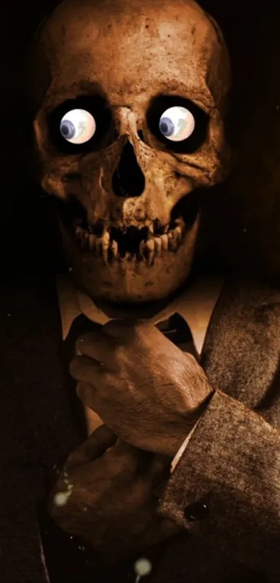 Skeleton dressed in a suit with eerie glowing eyes, set in a dark backdrop.