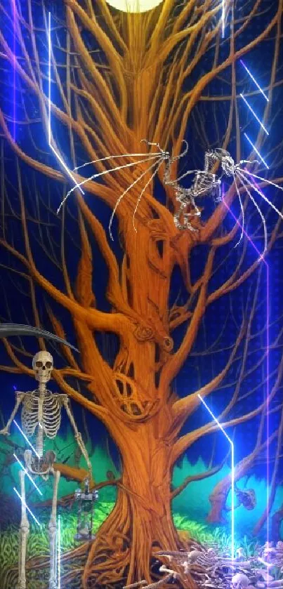 Eerie tree with skeletons in moonlight.