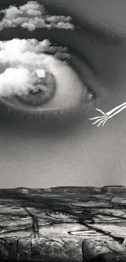 Eerie skeleton with haunting eyes wallpaper, monochrome theme.