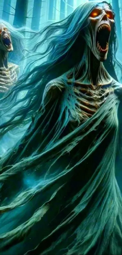 Eerie skeletons with glowing eyes in a mystical forest setting.