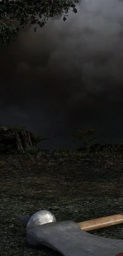 Eerie wallpaper with skulls and axe in dark forest setting.