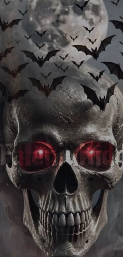 Skull with red eyes and bats in smoky atmosphere.