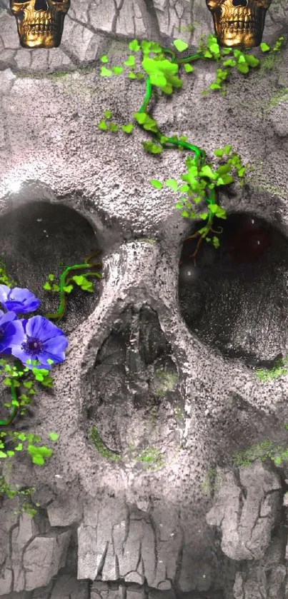 Skull with vines and blue flowers on a cracked stone background.