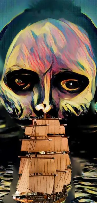 Eerie digital art with skull and sailing ship over the ocean.