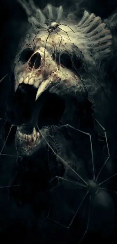 A haunting skull surrounded by spiders in dark, eerie wallpaper.