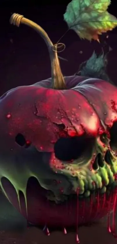 Eerie artwork with a skull-shaped apple glowing red.