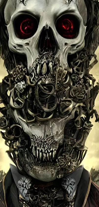 Intricate skull design with red eyes on a dark wallpaper.