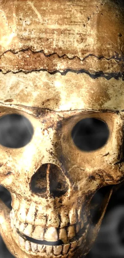 An eerie skull with a smokey effect on the mobile wallpaper.