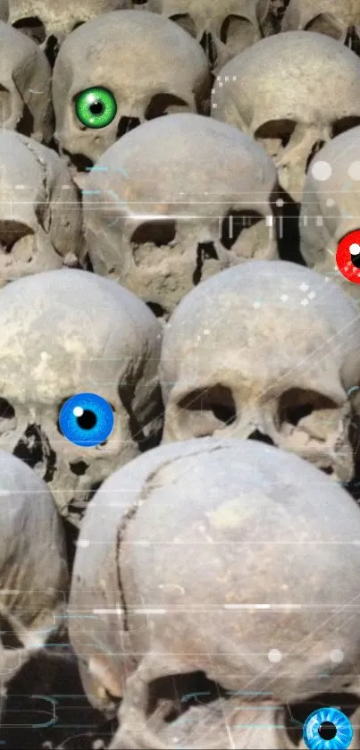 Eerie skulls with colorful eyes wallpaper.