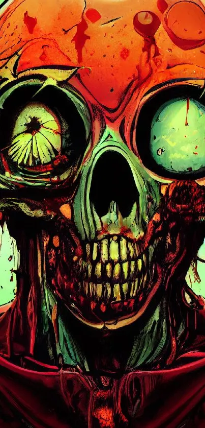 Vibrant and eerie skull art wallpaper with green background.