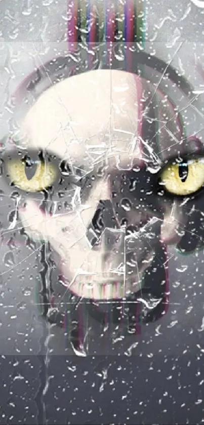 Skull with piercing eyes and cracked design on dark background.