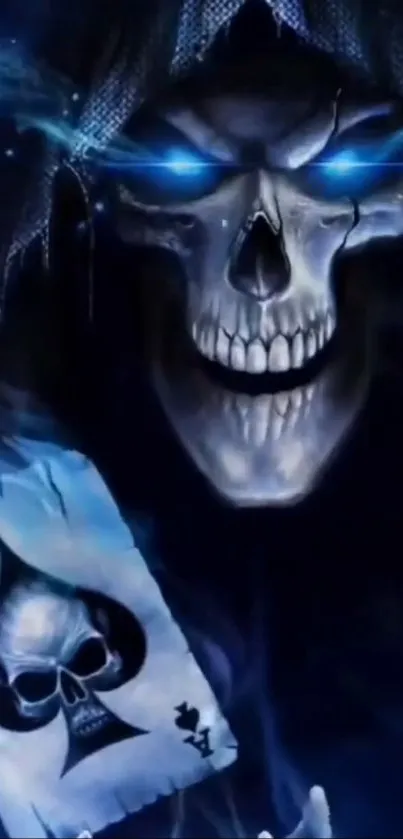 Eerie skull with glowing blue eyes holding an ace of spades card in dark tones.