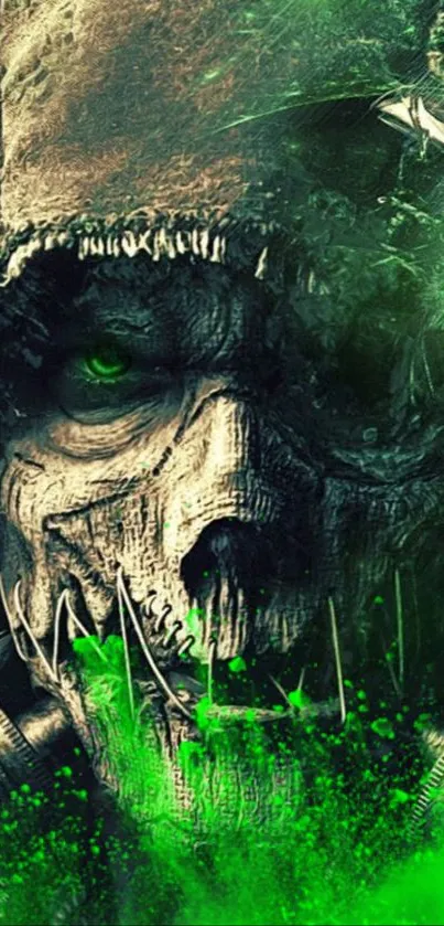 Eerie green skull wallpaper with dark, intricate designs for mobile devices.