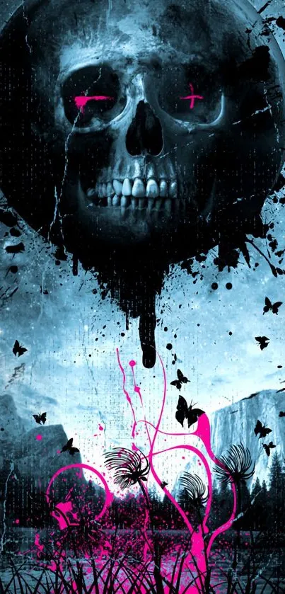 Eerie skull art wallpaper with dark tones and vibrant pink accents.