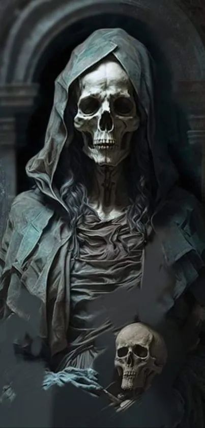 Eerie hooded skull design on a dark background wallpaper.