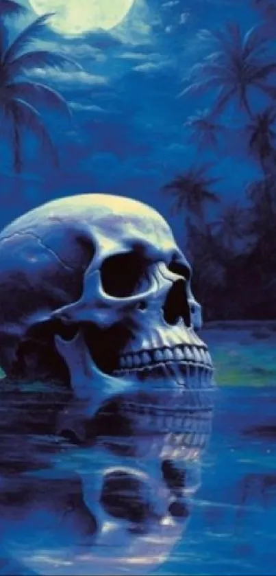 Skull reflecting in moonlit ocean with palm trees.