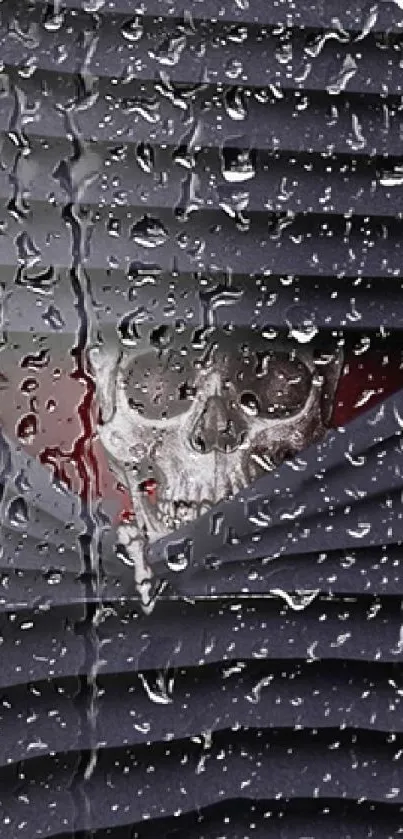 Skull emerging through raindrop-covered blinds background.