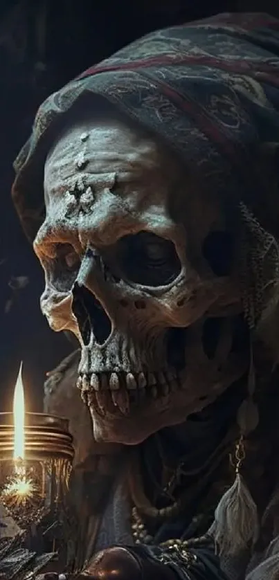 Mobile wallpaper with a skull by candlelight and a gothic theme.