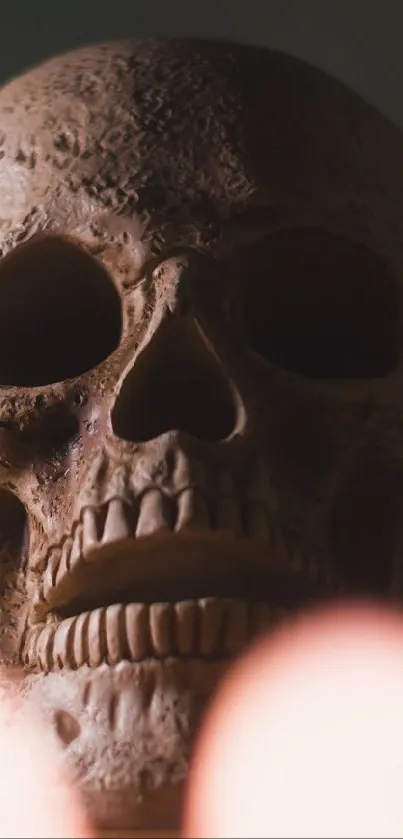 Eerie skull illuminated by candlelight on a dark backdrop.