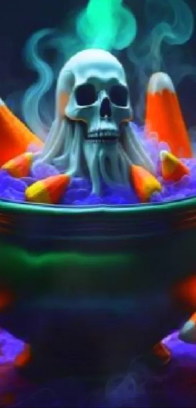 Halloween-themed cauldron with skull and candy corn in vibrant colors.