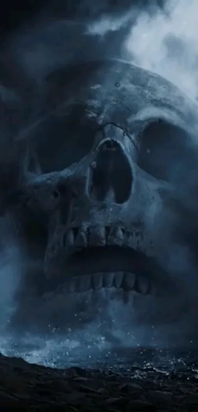 Giant skull amidst dark swirling clouds creating an eerie atmosphere on a mobile wallpaper.