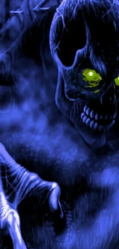 Eerie skull creature emitting a green glow in a dark blue setting.