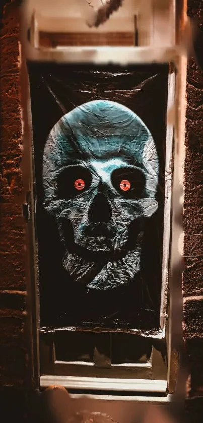 Eerie skull with glowing red eyes on a black background.