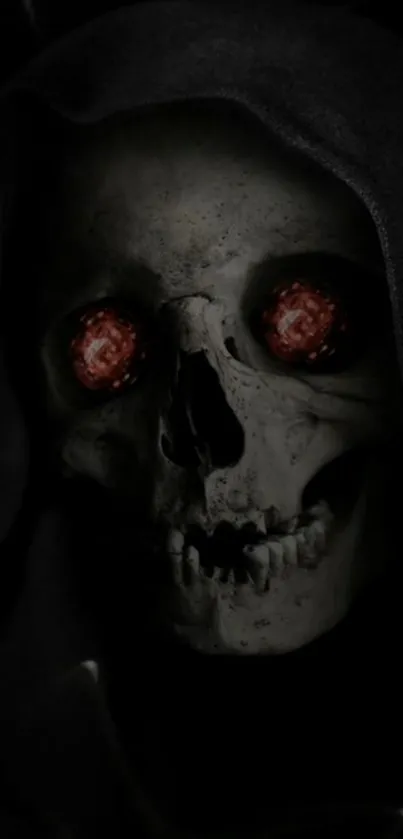 Dark skull wallpaper with glowing eyes.