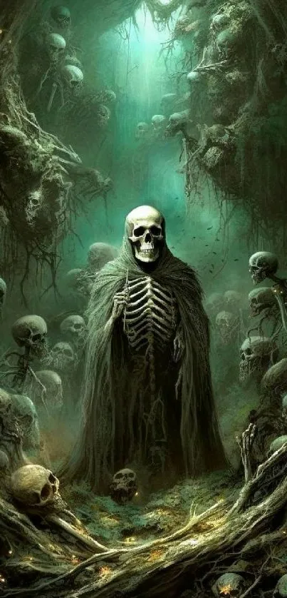 Eerie forest with skulls and mystical ambiance on mobile wallpaper.