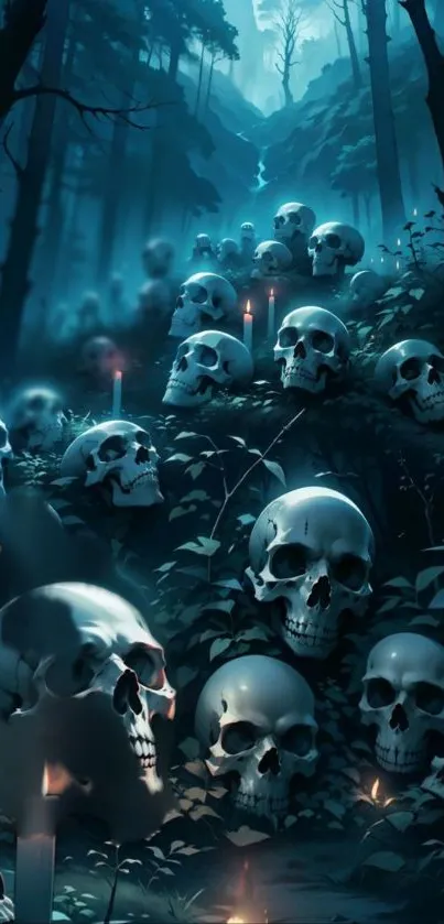 Eerie skulls in a candlelit forest wallpaper with dark teal hues.