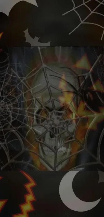 Eerie skull with spider webs on dark Halloween background.