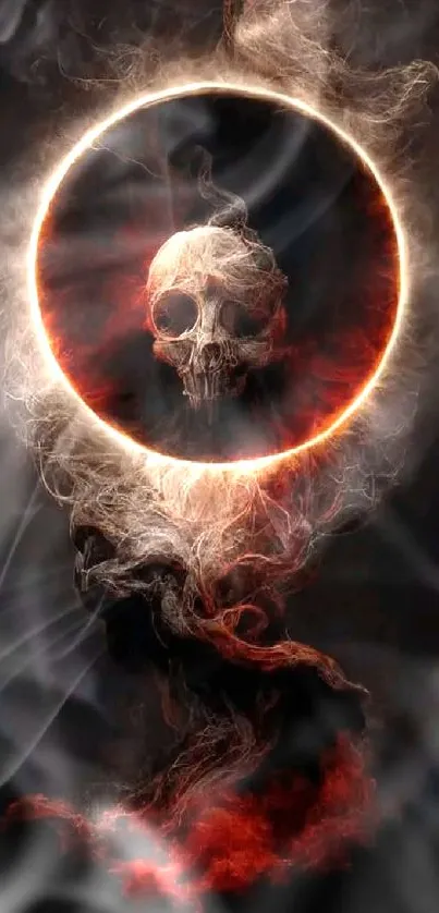 Eerie skull with halo wallpaper featuring smoky and fiery elements.