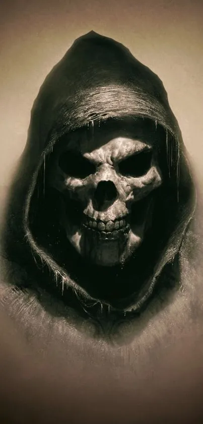 Dark hooded skull with eerie atmosphere on mobile wallpaper.