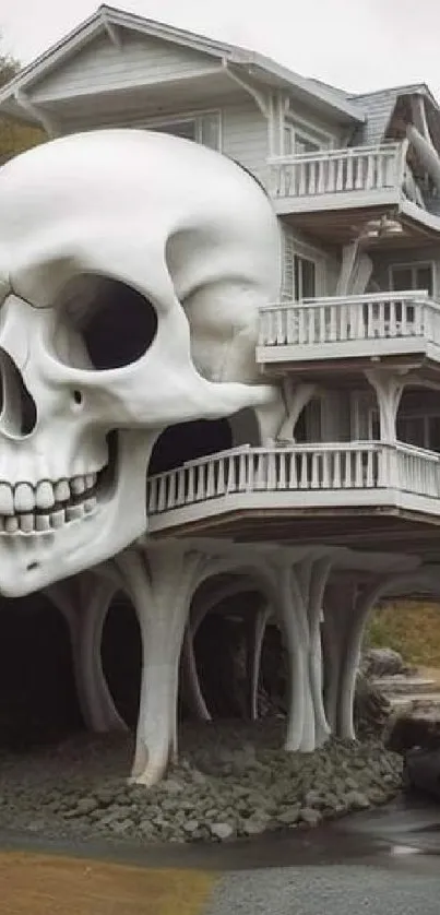 Surreal skull-themed house amidst forest.