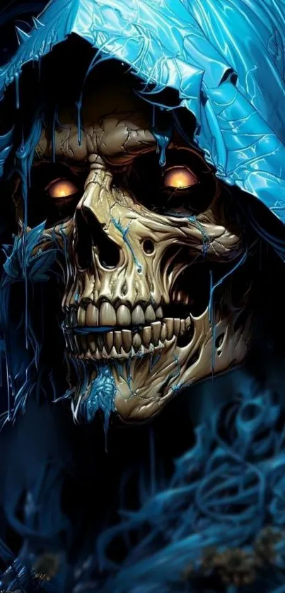 Eerie skull with glowing eyes in a blue hood, perfect for dark art lovers.