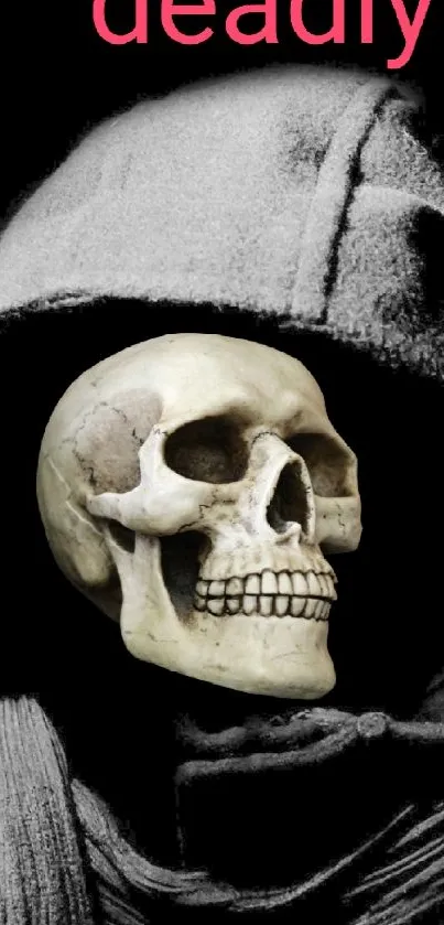 Mobile wallpaper of a hooded figure with a skull, dark background.