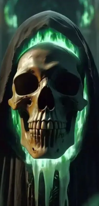 Glowing skull in hood with candles.