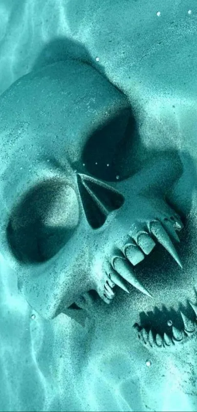 Eerie underwater skull in teal ocean wallpaper.